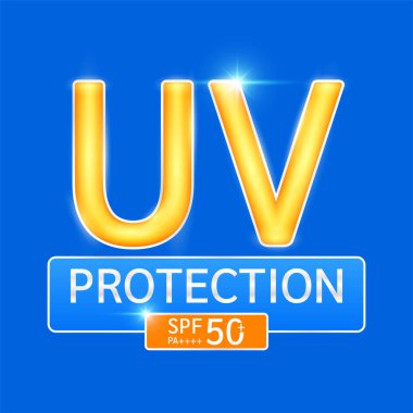 SPF 50 PA + ile ultraviyole koruma. UVA, UVB, güneş ışığı ve ultraviyole saldırılara karşı korur. Tasarım kozmetik ürünleri reklamları için koyu mavi arka planda logo. Sağlık hizmetleri. Vektör EPS10.