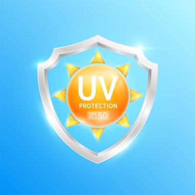 UV Koruma ve SPF 50 PA + 3D gümüş alüminyumdaki turuncu güneşte. UVA, UVB, güneş ışığı ve ultraviyole saldırılara karşı korur. Tasarım kozmetik ürünleri reklamları için. Sağlık hizmeti konsepti. Vektör.