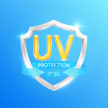 Mavi okla çevrili 3D gümüş alüminyum kalkanda 50 PA UV koruması. UVA, UVB, güneş ışığı ve ultraviyole saldırılara karşı korur. Tasarım kozmetik ürünleri reklamları için. Sağlık hizmetleri. Vektör.