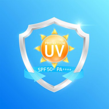 Mavi ok SPF 50 PA + ile çevrili 3d gümüş alüminyum kalkanda UV koruması. UVA, UVB, güneş ışığı ve ultraviyole saldırılara karşı korur. Tasarım kozmetik ürünleri reklamları için. Sağlık hizmetleri. Vektör.