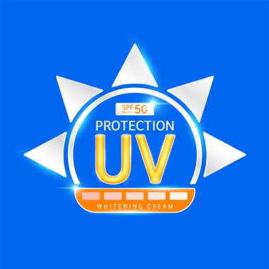 SPF 50 PA + ile ultraviyole koruma. UVA, UVB, güneş ışığı ultraviyole saldırılarına karşı korur. Beyazlamaktan 5 kat farklı. Tasarım kozmetik ürünleri reklamları için logo. Sağlık hizmetleri. Vektör EPS10.