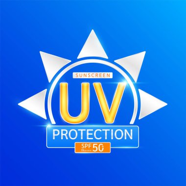 SPF 50 PA + ile ultraviyole koruma. UVA, UVB, güneş ışığı ultraviyole saldırılarına karşı korur. Tasarım kozmetik ürünleri reklamları için logo. Sağlık hizmetleri. Vektör EPS10.