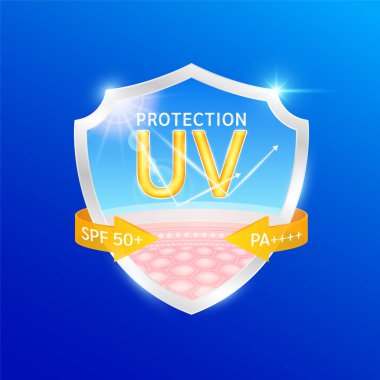 Ultraviyole koruma. Kalkandaki deri tabakası UVA UVB ok SPF 50 PA + çevrili olduğunu yansıtır. Güneş ışığının morötesi saldırılarına karşı korur. Tasarım kremi için güneş kremi kozmetik ürünleri. Vektör.