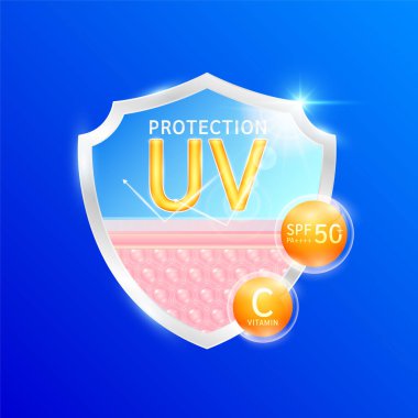 Ultraviyole koruma. Kalkan okundaki deri tabakası hafif UVA UVB 'yi yansıtır. SPF 50 PA + ve C vitamini güneş ışığı ultraviyole saldırılarına karşı korur. Tasarım kremi için güneş kremi kozmetik ürünleri. Vektör