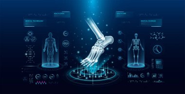 Sanal arayüz hologram stili taramalı ayak bileği eklem kemik sağlığı teknolojisi. Röntgen ve MRT insan vücudu muayenesi. HUD, UI ve GUI ile tıbbi tanı. Fütüristik laboratuvarda analiz. Vektör EPS10.