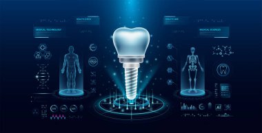 Sanal arayüz hologram tarzında diş implantı teknolojisi. Röntgen ve MRT insan vücudu muayenesi. HUD, UI ve GUI ile tıbbi tanı. Fütüristik laboratuvarda analiz. Vektör EPS10.