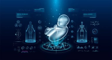 Sanal arayüz hologram stiline sahip fetüs sağlık teknolojisi. Röntgen ve MRT insan vücudu muayenesi. HUD, UI ve GUI ile tıbbi tanı. Fütüristik laboratuvarda analiz. Vektör EPS10.