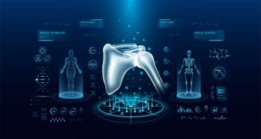 Sanal arayüz hologram stiline sahip omuz sağlığı teknolojisi. Röntgen ve MRT insan vücudu muayenesi. HUD, UI ve GUI ile tıbbi tanı. Fütüristik laboratuvarda analiz. Vektör EPS10.