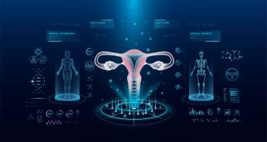 Sanal arayüz hologram stiline sahip rahim sağlık teknolojisi. Röntgen ve MRT insan vücudu muayenesi. HUD, UI ve GUI ile tıbbi tanı. Fütüristik laboratuvarda analiz. Vektör EPS10.