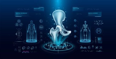 Sanal arayüz hologram stiline sahip kalça birleşik sağlık teknolojisi. Röntgen ve MRT insan vücudu muayenesi. HUD, UI ve GUI ile tıbbi tanı. Fütüristik laboratuvarda analiz. Vektör EPS10.