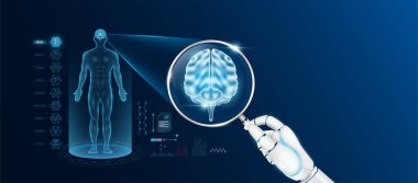 Doktor robot el, yapay zeka teknolojisiyle büyüteç görünümlü beyin analizi teşhisi koydu. Erkek vücudunun anatomik hologramı. Yenilikçi tıbbi sağlık hizmeti. Vektör.