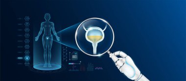 Doktor robot el büyüteç görünümlü mesane analizi ve kadın vücudunun anatomik hologramını tutuyor. Yapay zeka teknolojisiyle tanı koymak. Yenilikçi tıbbi sağlık hizmeti. Vektör