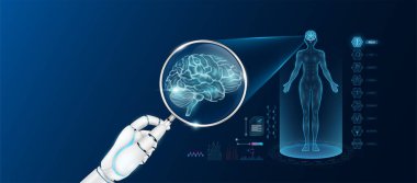 Doktor robot el, büyüteç görünümlü beyin analizi ve kadın vücudunun anatomik hologramını tutuyor. Yapay zeka teknolojisiyle tanı koymak. Yenilikçi tıbbi sağlık hizmeti. Vektör