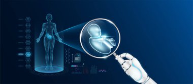 Doktor robot el büyüteç görünümlü fetüs analizi ve kadın vücudunun anatomik hologramını tutuyor. Yapay zeka teknolojisiyle tanı koymak. Yenilikçi tıbbi sağlık hizmeti. Vektör