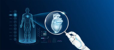Doktor robot el, yapay zeka teknolojisiyle büyüteç görünümlü kalp analizi teşhisi koydu. Erkek vücudunun anatomik hologramı. Yenilikçi tıbbi sağlık hizmeti. Vektör.