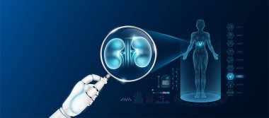 Doktor robot el büyüteç görünümlü böbrek analizi ve kadın vücudunun anatomik hologramını tutuyor. Yapay zeka teknolojisiyle tanı koymak. Yenilikçi tıbbi sağlık hizmeti. Vektör