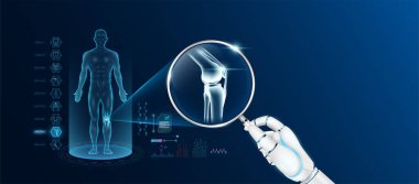 Doktor robot el, yapay zeka teknolojisiyle diz eklemi analizi yapan büyüteç tutuyor. Erkek vücudunun anatomik hologramı. Yenilikçi tıbbi sağlık hizmeti. Vektör.