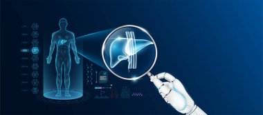 Doktor robot el, yapay zeka teknolojisiyle büyüteç görünümlü karaciğer analizi teşhisi koydu. Erkek vücudunun anatomik hologramı. Yenilikçi tıbbi sağlık hizmeti. Vektör.