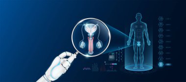Doctor robot hand holding magnifying glass looking penis analysis diagnosis with AI artificial intelligence technology. Anatomy hologram of the male body. Innovative medical healthcare. Vector.