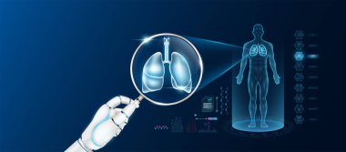 Doktor robot el, yapay zeka teknolojisiyle büyüteç görünümlü akciğer analizi teşhisi koydu. Erkek vücudunun anatomik hologramı. Yenilikçi tıbbi sağlık hizmeti. Vektör.