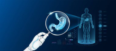 Doktor robot el, yapay zeka teknolojisiyle büyüteç görünümlü mide analizi teşhisi koydu. Erkek vücudunun anatomik hologramı. Yenilikçi tıbbi sağlık hizmeti. Vektör.