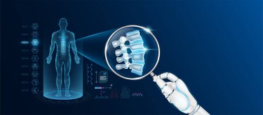 Doktor robot el, yapay zeka teknolojisiyle büyüteç görünümlü omurga analizi teşhisi koyuyor. Erkek vücudunun anatomik hologramı. Yenilikçi tıbbi sağlık hizmeti. Vektör.