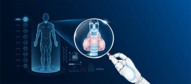 Doktor robot el, yapay zeka teknolojisiyle tiroit analizi yapan büyüteç tutuyor. Erkek vücudunun anatomik hologramı. Yenilikçi tıbbi sağlık hizmeti. Vektör.