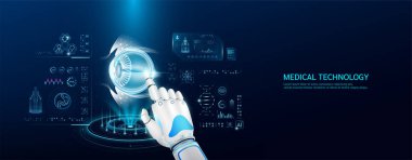Robot işaret parmağı insan gözüne dokunuyor. Fütürist teknolojili tıbbi sağlık hizmetleri yapay zeka. Organ X ışını incelemesi ve sanal simülasyon arayüzü hologramı taraması. Sancak vektörü.