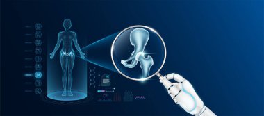 Doktor robot el büyüteç tutuyor. Kalça eklem analizi ve kadın vücudunun anatomik hologramını gösteriyor. Yapay zeka teknolojisiyle tanı koymak. Yenilikçi tıbbi sağlık hizmeti. Vektör