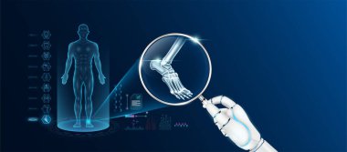 Doktor robot el, yapay zeka teknolojisiyle bilek kemiği analizi yapan büyüteç tutuyor. Erkek vücudunun anatomik hologramı. Yenilikçi tıbbi sağlık hizmeti. Vektör.