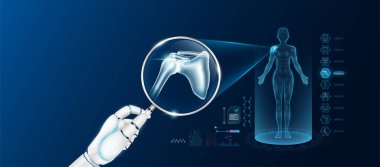 Doktor robot el, büyüteç görünümlü omuz analizi ve kadın vücudunun anatomik hologramını tutuyor. Yapay zeka teknolojisiyle tanı koymak. Yenilikçi tıbbi sağlık hizmeti. Vektör