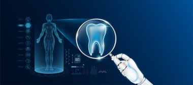 Doktor robot el büyüteç görünümlü diş analizi ve kadın vücudunun anatomik hologramını tutuyor. Yapay zeka teknolojisiyle tanı koymak. Yenilikçi tıbbi sağlık hizmeti. Vektör