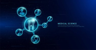 Tıp bilimi. Şeffaf molekülün içindeki insan diş organı ikon doktor iğnesi stetoskop ve artı işareti. Koyu mavi dijital teknoloji arka planında. Vektör EPS10.