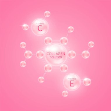 Kolajen solüsyonu ve atom pembesindeki E vitamini. Tasarım kozmetik ürünleri için. Doğadan gelen vitamin kompleksi. Tıbbi sağlık cilt koruması. 3B Vektör EPS10.