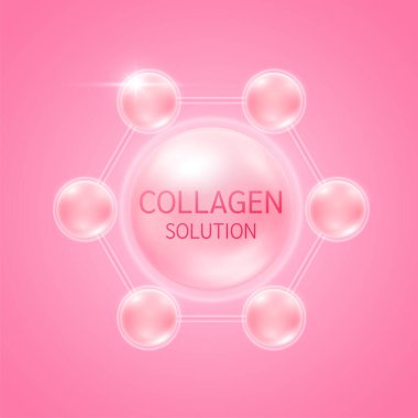 Atom pembesindeki kolajen çözeltisi. Tasarım kozmetik ürünleri için. Doğadan gelen vitamin kompleksi. Tıbbi sağlık cilt koruması. 3B Vektör EPS10.