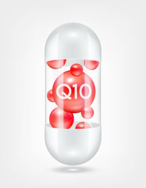 Vitamin koenzimi Q10 kapsül hapının içinde şeffaf beyaz. Sağlık hizmetlerinin güzelleşmesi serbest radikalleri nötralize eder. Beslenme ürünleri için besin şablonu tasarımında kullanılır. 3D Gerçekçi Vektör EPS10.