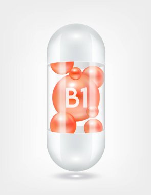 B1 vitamini kapsül hapının içinde şeffaf beyaz. Sağlık hizmetlerinin güzelleşmesi serbest radikalleri nötralize eder. Beslenme ürünleri için besin şablonu tasarımında kullanılır. 3D Gerçekçi Vektör EPS10.