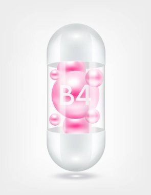 Kapsül hapının içindeki B4 vitamini pembesi şeffaf beyaz. Sağlık hizmetlerinin güzelleşmesi serbest radikalleri nötralize eder. Beslenme ürünleri için besin şablonu tasarımında kullanılır. 3D Gerçekçi Vektör EPS10.
