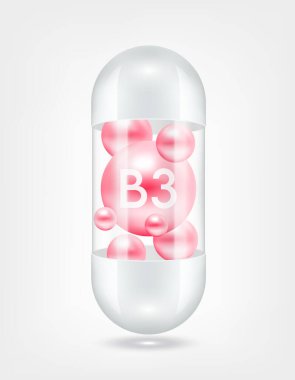 B3 vitamini kapsül hapının içinde şeffaf beyaz. Sağlık hizmetlerinin güzelleşmesi serbest radikalleri nötralize eder. Beslenme ürünleri için besin şablonu tasarımında kullanılır. 3D Gerçekçi Vektör EPS10.