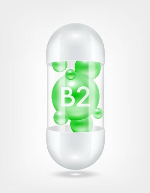Kapsül hapının içinde şeffaf beyaz B2 vitamini var. Sağlık hizmetlerinin güzelleşmesi serbest radikalleri nötralize eder. Beslenme ürünleri için besin şablonu tasarımında kullanılır. 3D Gerçekçi Vektör EPS10.