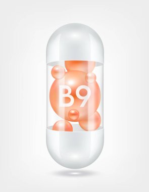 Vitamin B9 portakalı kapsül hapının içinde şeffaf beyaz. Sağlık hizmetlerinin güzelleşmesi serbest radikalleri nötralize eder. Beslenme ürünleri için besin şablonu tasarımında kullanılır. 3D Gerçekçi Vektör EPS10.
