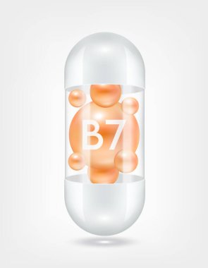 Kapsül hapının içindeki B7 vitamini portakalı şeffaf beyaz. Sağlık hizmetlerinin güzelleşmesi serbest radikalleri nötralize eder. Beslenme ürünleri için besin şablonu tasarımında kullanılır. 3D Gerçekçi Vektör EPS10.