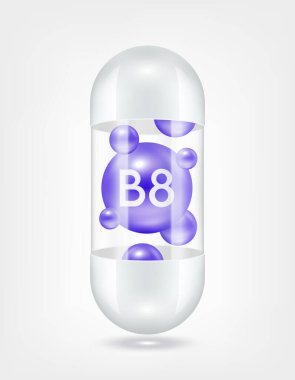 B8 vitamini mor kapsül hapı şeffaf beyaz. Sağlık hizmetlerinin güzelleşmesi serbest radikalleri nötralize eder. Beslenme ürünleri için besin şablonu tasarımında kullanılır. 3D Gerçekçi Vektör EPS10.