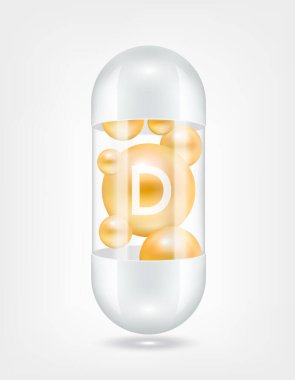 D vitamini portakalı kapsül hapının içinde şeffaf beyaz. Sağlık hizmetlerinin güzelleşmesi serbest radikalleri nötralize eder. Beslenme ürünleri için besin şablonu tasarımında kullanılır. 3D Gerçekçi Vektör EPS10.