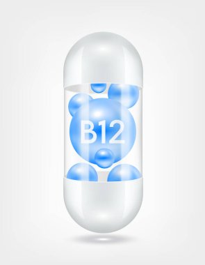 B12 vitamini kapsül hapının içinde şeffaf beyaz. Sağlık hizmetlerinin güzelleşmesi serbest radikalleri nötralize eder. Beslenme ürünleri için besin şablonu tasarımında kullanılır. 3D Gerçekçi Vektör EPS10.