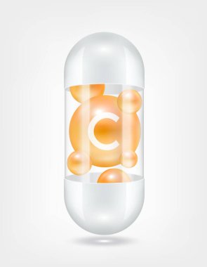 C vitamini portakalı kapsül hapının içinde şeffaf beyaz. Sağlık hizmetlerinin güzelleşmesi serbest radikalleri nötralize eder. Beslenme ürünleri için besin şablonu tasarımında kullanılır. 3D Gerçekçi Vektör EPS10.