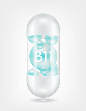 B11 vitamini kapsül hapının içinde şeffaf beyaz. Sağlık hizmetlerinin güzelleşmesi serbest radikalleri nötralize eder. Beslenme ürünleri için besin şablonu tasarımında kullanılır. 3D Gerçekçi Vektör EPS10.