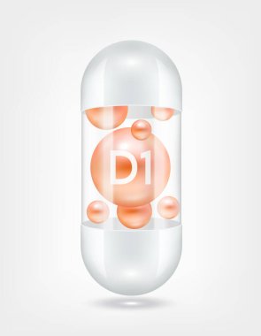 Vitamin D1 portakalı kapsül hapının içinde şeffaf beyaz. Sağlık hizmetlerinin güzelleşmesi serbest radikalleri nötralize eder. Beslenme ürünleri için besin şablonu tasarımında kullanılır. 3D Gerçekçi Vektör EPS10.