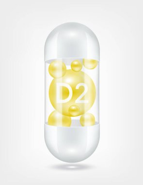 Vitamin D2 sarısı kapsül hapının içinde şeffaf beyaz. Sağlık hizmetlerinin güzelleşmesi serbest radikalleri nötralize eder. Beslenme ürünleri için besin şablonu tasarımında kullanılır. 3D Gerçekçi Vektör EPS10.