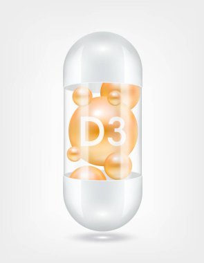 Vitamin D3 portakalı kapsül hapının içinde şeffaf beyaz. Sağlık hizmetlerinin güzelleşmesi serbest radikalleri nötralize eder. Beslenme ürünleri için besin şablonu tasarımında kullanılır. 3D Gerçekçi Vektör EPS10.